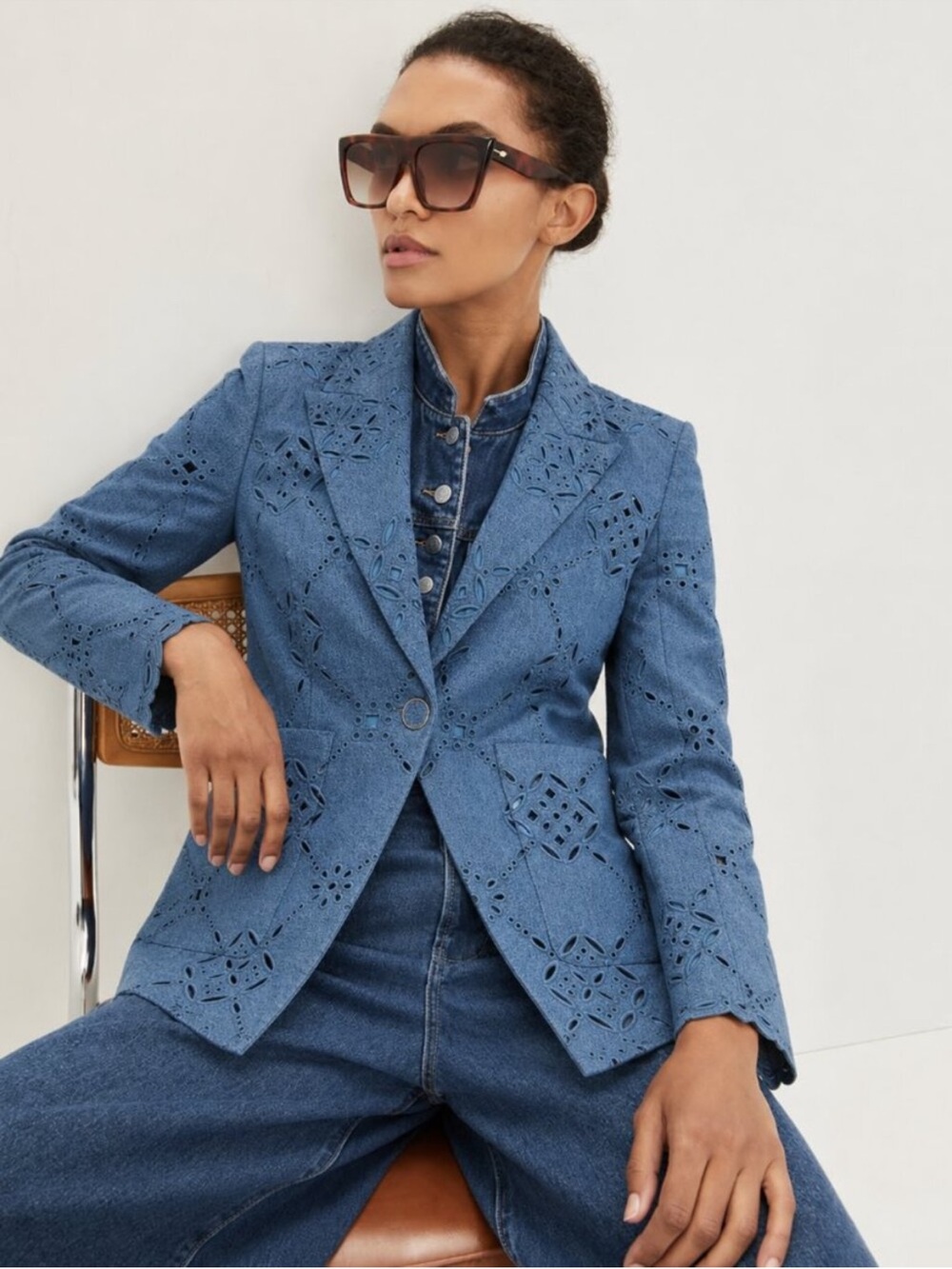VERONICA BEARD Naira Broderie Anglaise Single-Button Denim Blazer Blue Eyelet 6